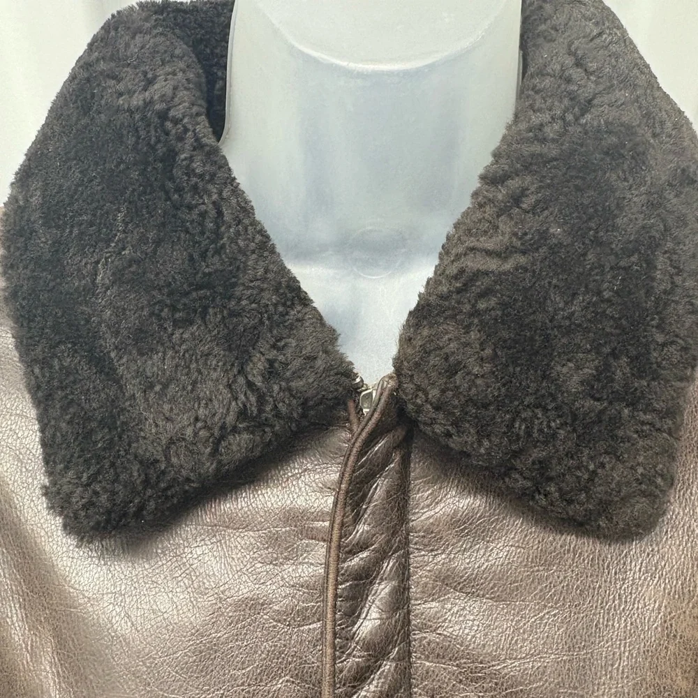 Vintage Structure Men's Brown Leather Bomber Jacket with Black Collar - Picture 6 of 8